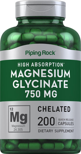 Capsules de Glycinate de Magnésium Piping Rock 750 mg - vue de face