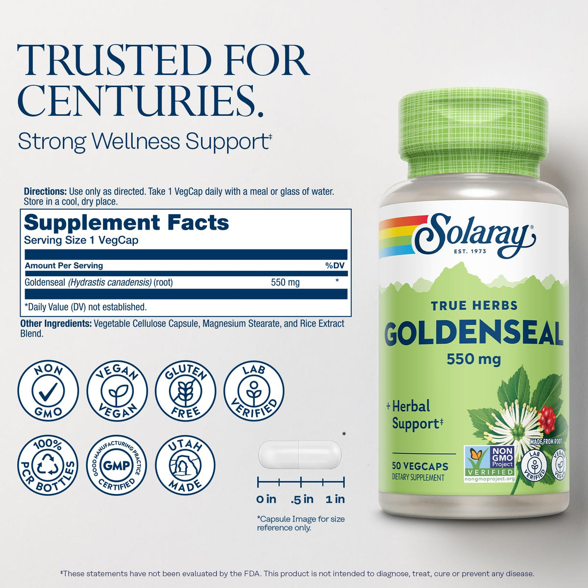 Capsules de Goldenseal SOLARAY en gros plan sur fond blanc