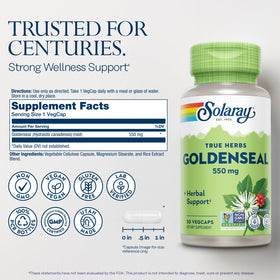 Capsules de Goldenseal SOLARAY en gros plan sur fond blanc