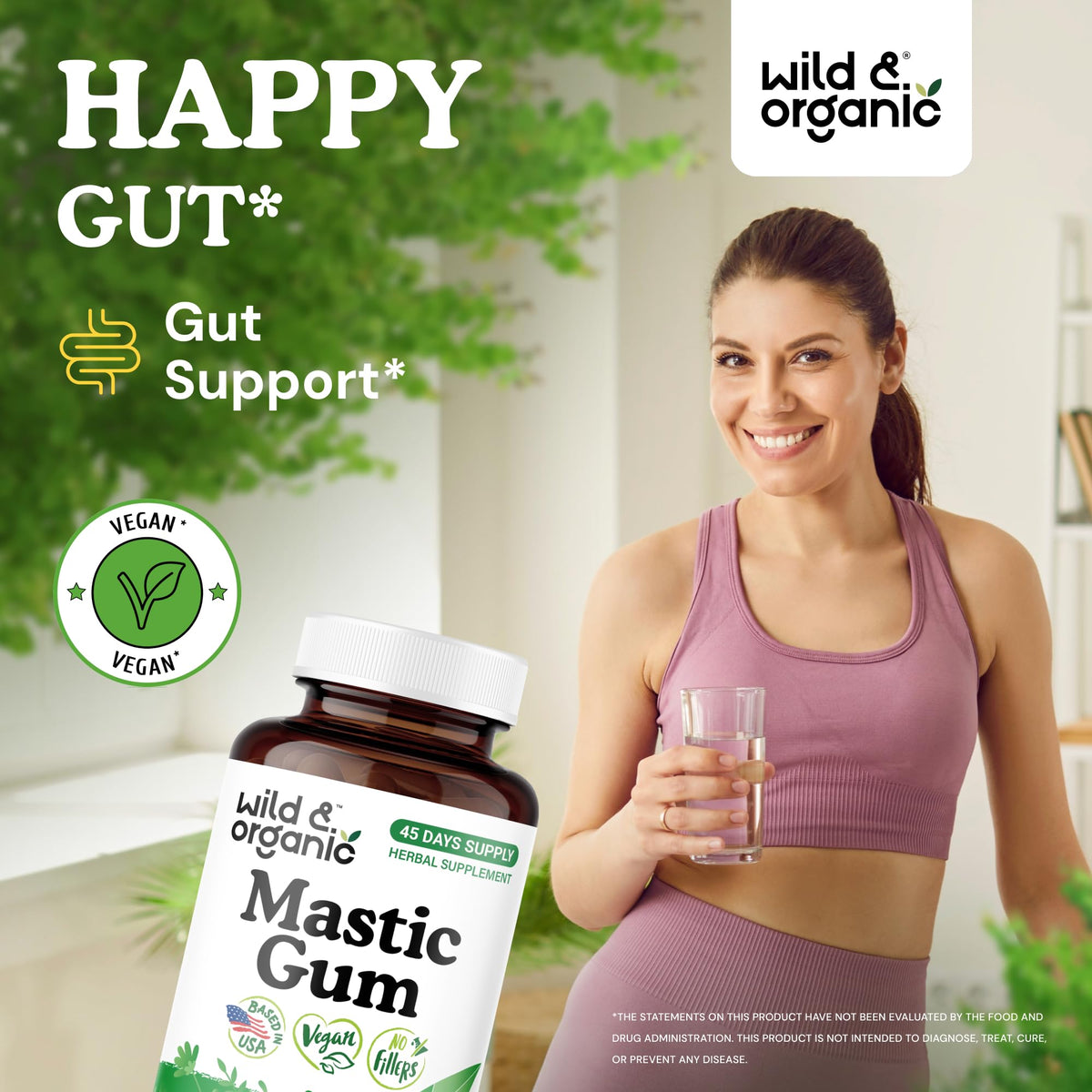 Capsules de gomme mastic Wild & Organic sur une surface blanche
