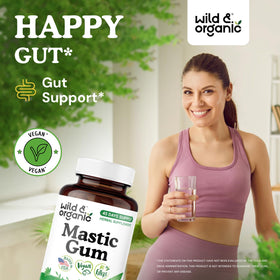 Capsules de gomme mastic Wild & Organic sur une surface blanche