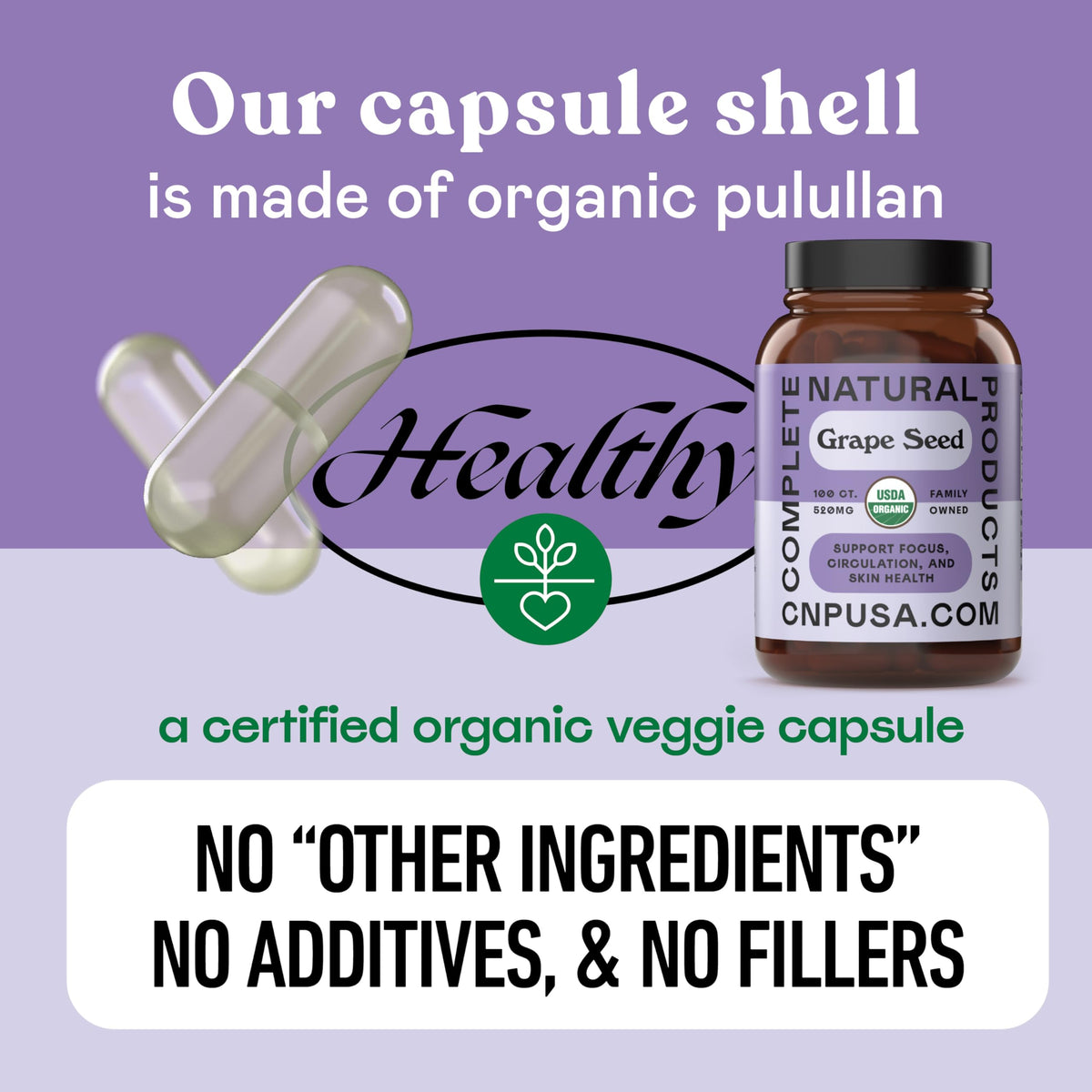 Capsules de graines de raisin bio sur une table en bois