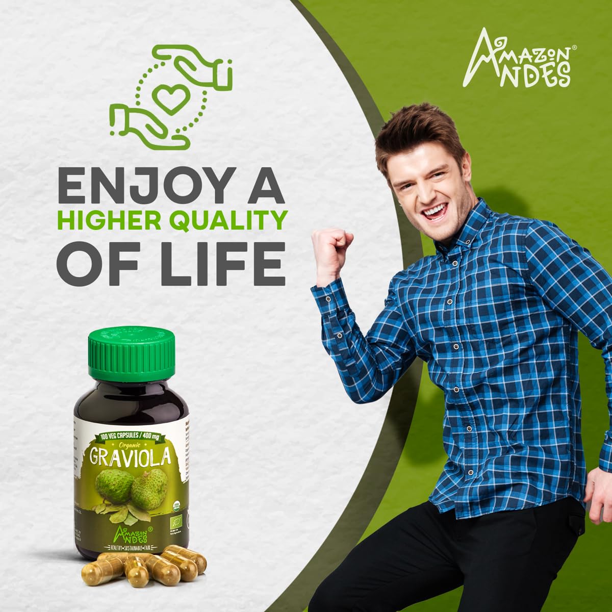 Capsules de Graviola 400mg à côté d'un verre d'eau