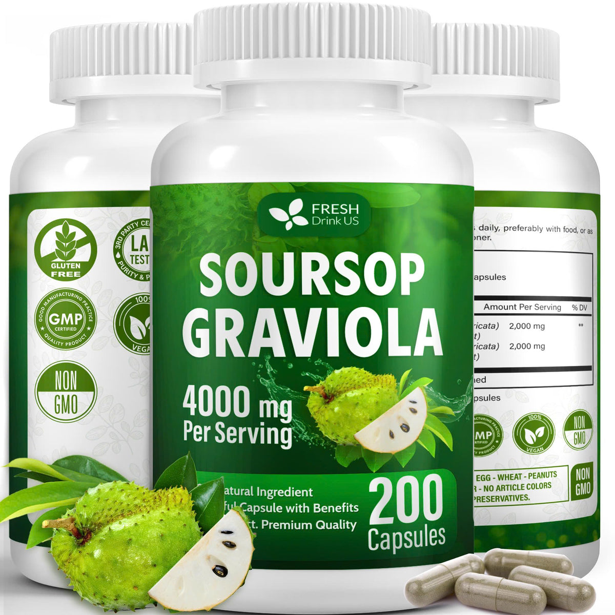 Capsules de Graviola FRESHDRINKUS 200 unités, vue de face