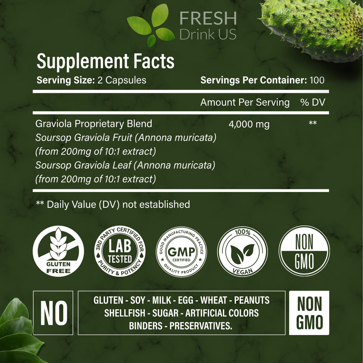 Capsules de Graviola FRESHDRINKUS sur un fond blanc