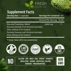 Capsules de Graviola FRESHDRINKUS sur un fond blanc
