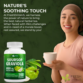 Capsules de Graviola FRESHDRINKUS sur une table en bois