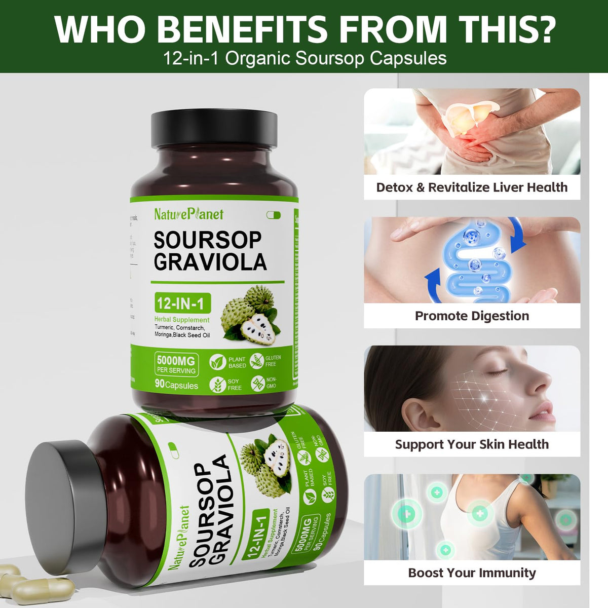 Capsules de Graviola NaturePlanet en gros plan