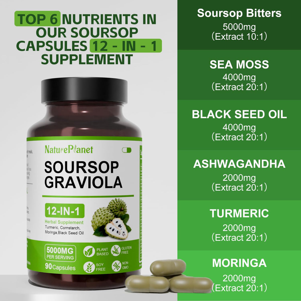 Capsules de Graviola NaturePlanet sur fond blanc