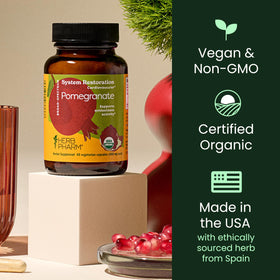 Capsules de Grenade Herb Pharm avec des fruits de grenade en arrière-plan