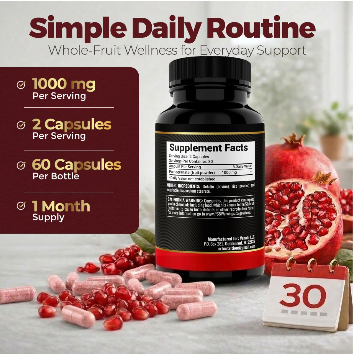 Capsules de grenade UR Treasure Nutrition sur une table en bois