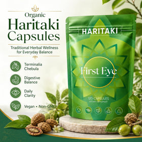 Capsules de Haritaki bio Dvloge sur fond blanc