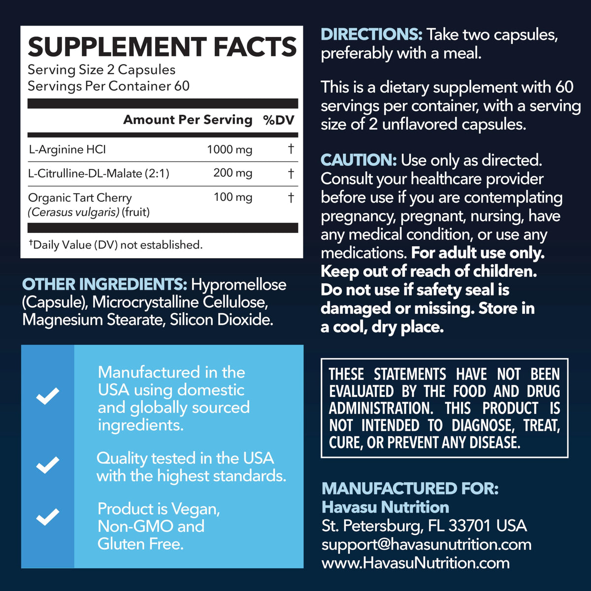 Capsules de HAVASU NUTRITION L-Arginine et L-Citrulline sur une surface blanche