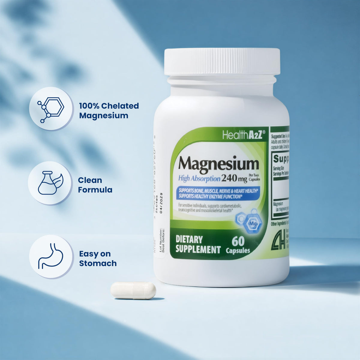 Capsules de HealthA2Z Magnésium Glycinate sur une surface blanche