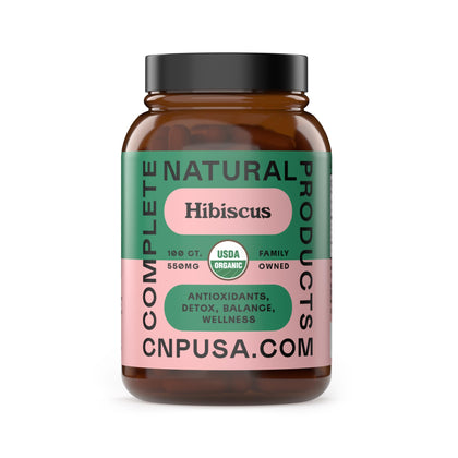 Capsules de hibiscus bio Complete Natural Products 550mg, 100 unités, vue de face