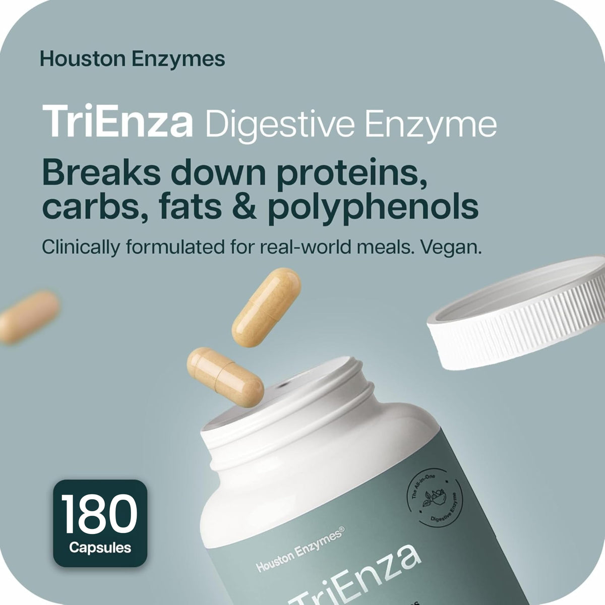 Capsules de Houston Enzymes TriEnza sur une surface blanche