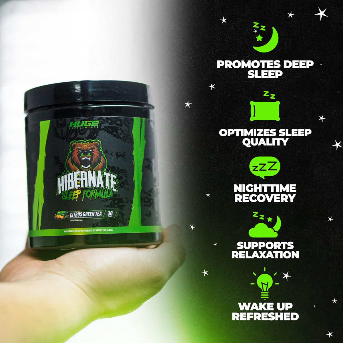 Capsules de Huge Supplements Hibernate sur une surface blanche