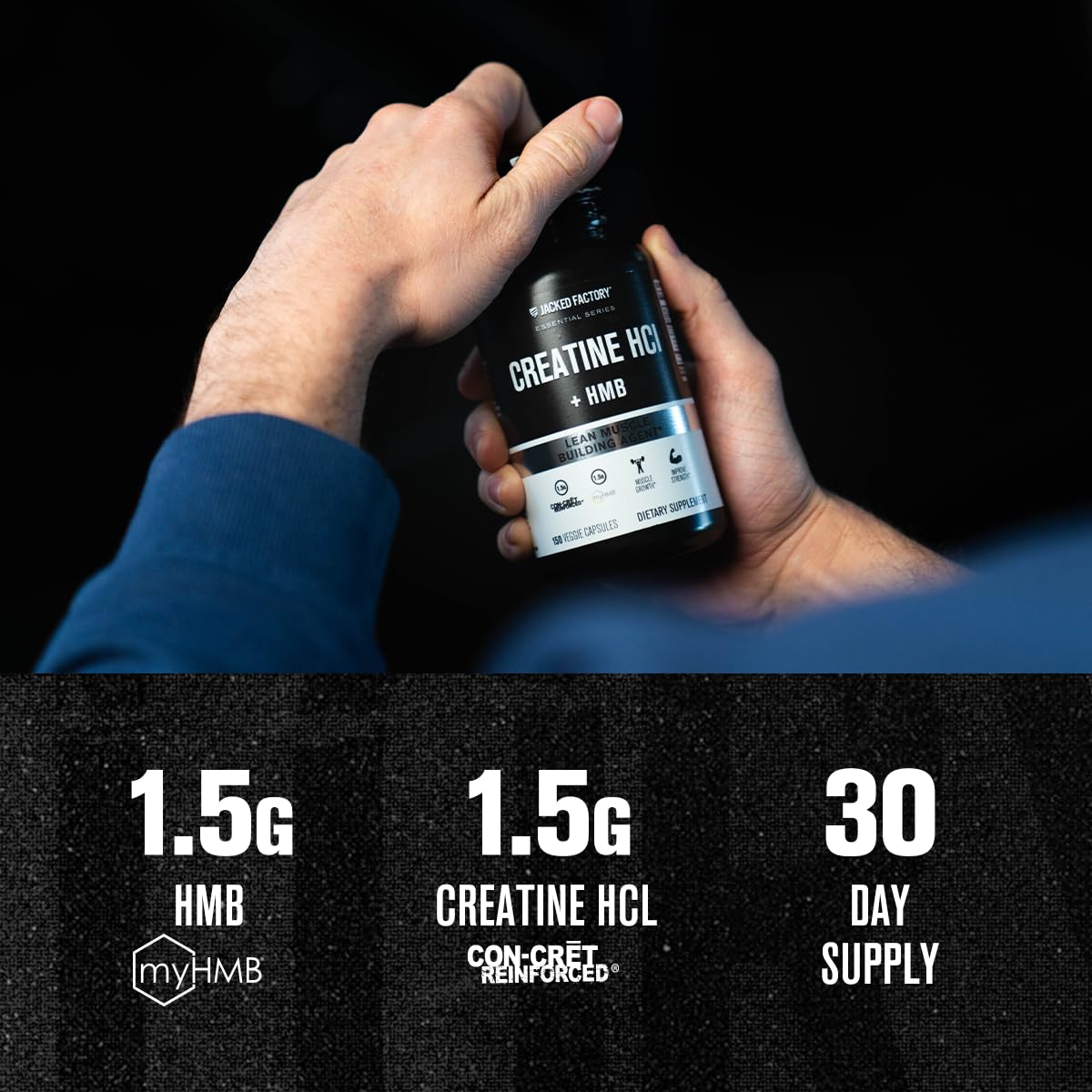 Capsules de Jacked Factory Créatine HCL + HMB sur fond blanc
