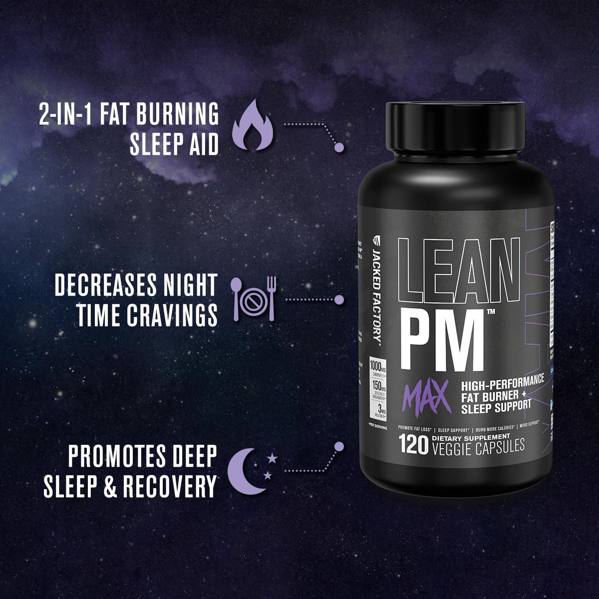 Capsules de Jacked Factory Lean PM Max sur une surface blanche