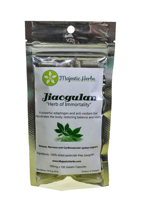 Capsules de Jiaogulan de Majestic Herbs en boîte, 100x500mg