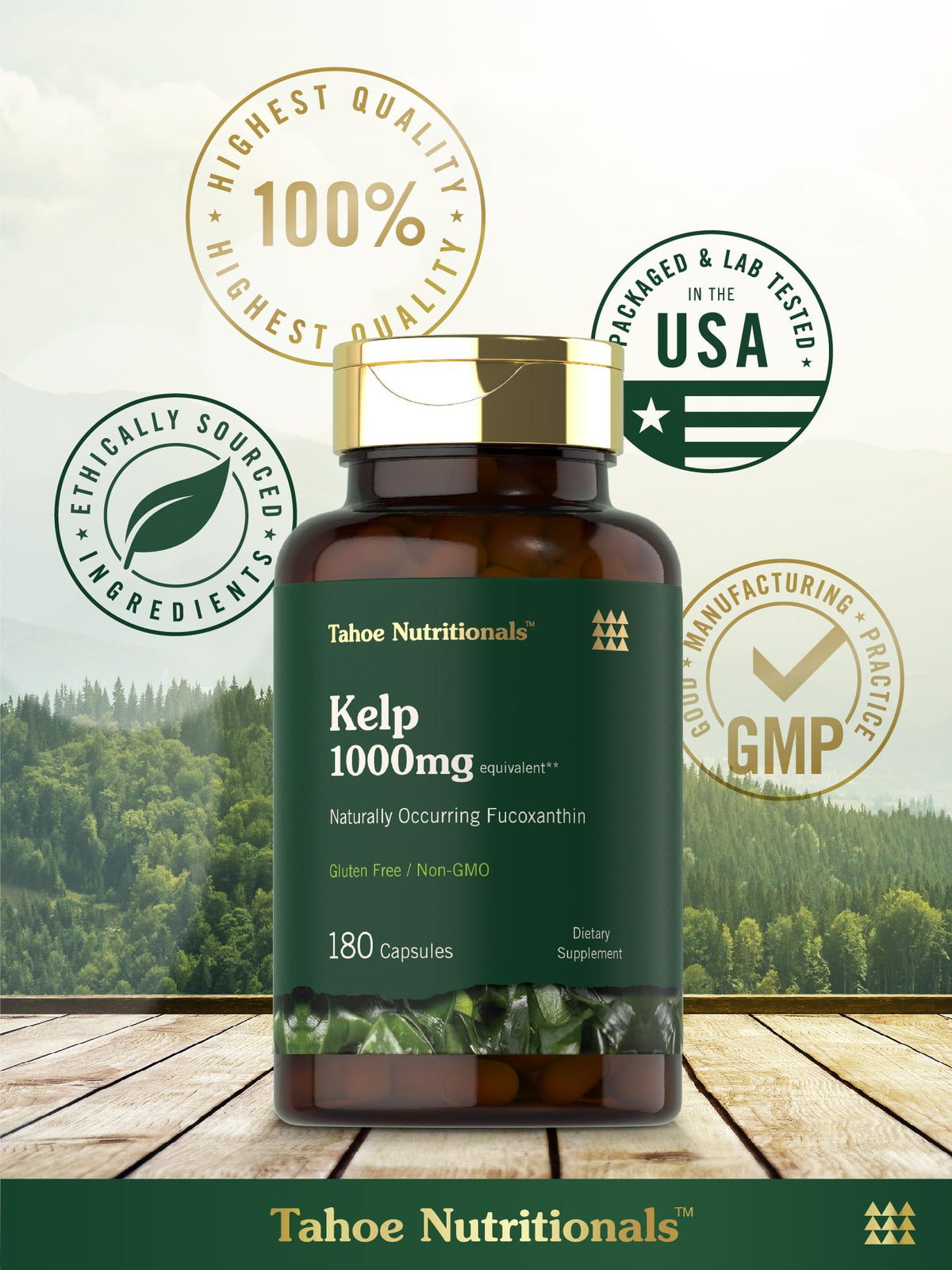 Capsules de Kelp Tahoe Nutritionals avec un fond naturel