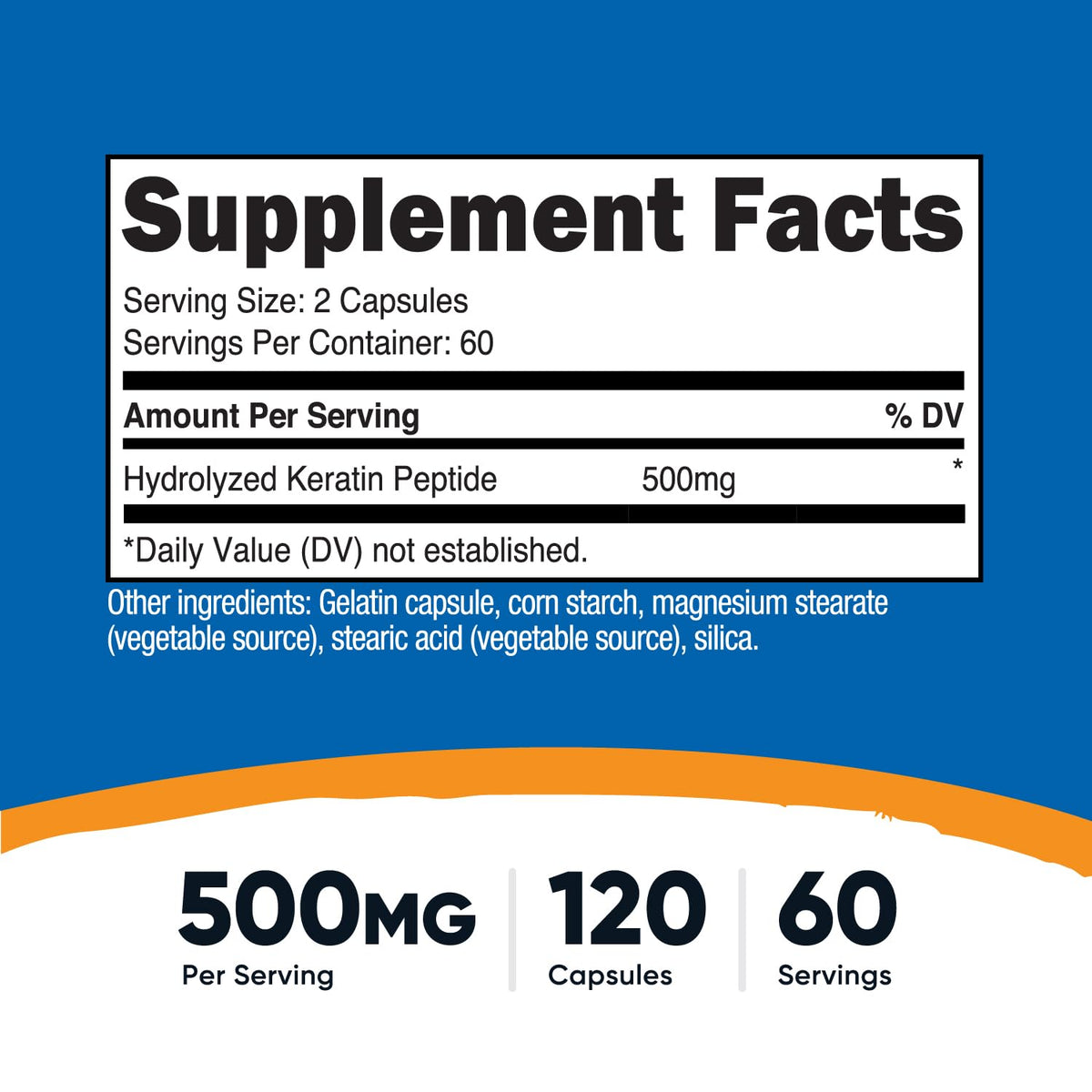 Capsules de Kératine Hydrolisés Nutricost sur fond blanc