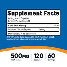 Capsules de Kératine Hydrolisés Nutricost sur fond blanc