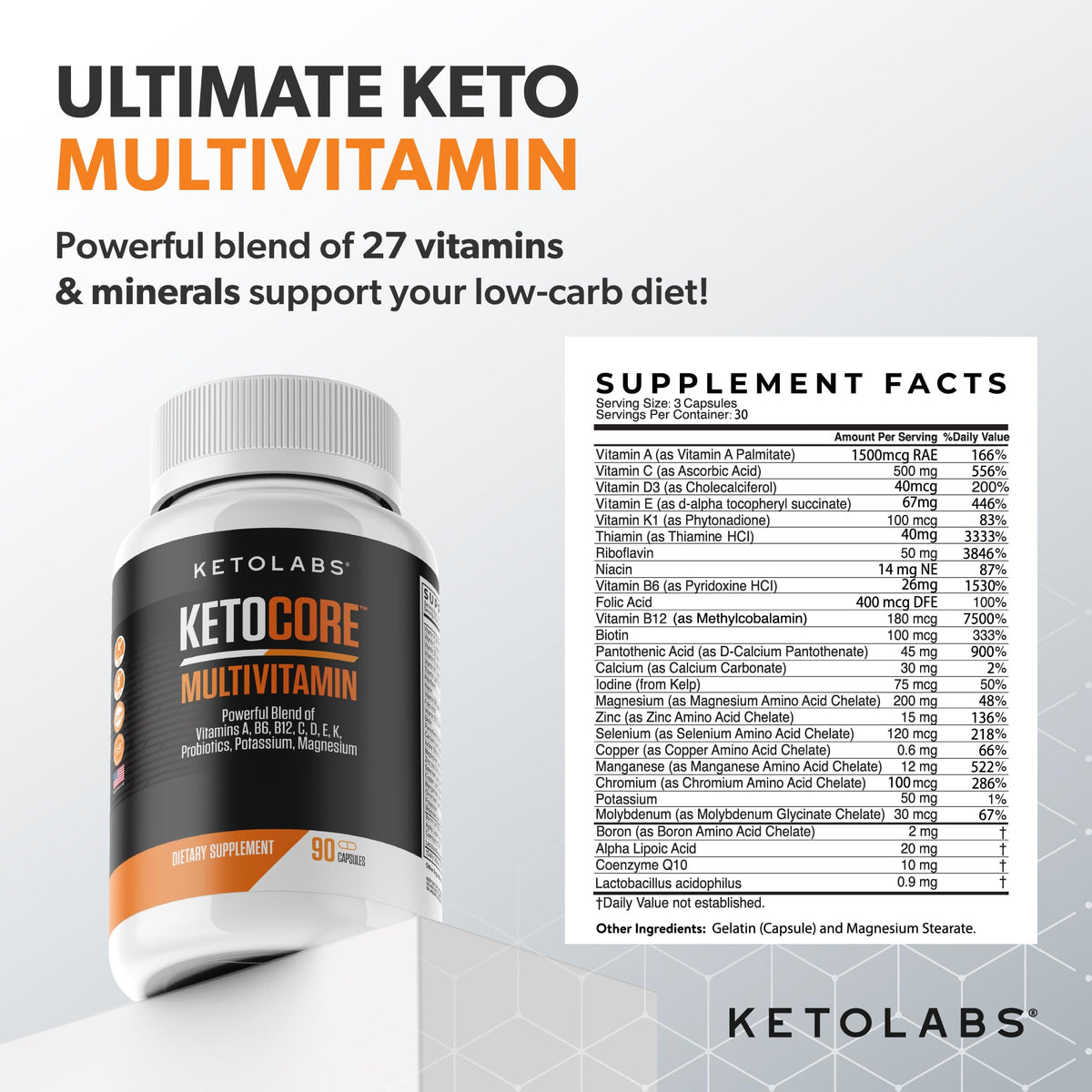 Capsules de Ketolabs Multivitamines Keto sur une table