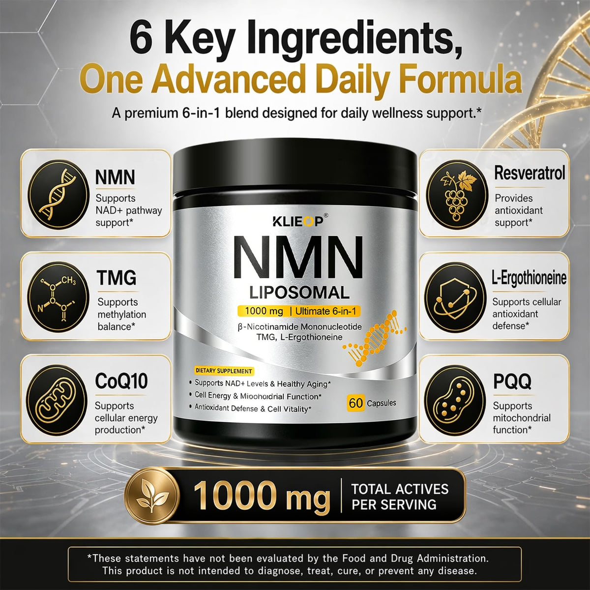 Capsules de klieop NMN 1000mg sur une surface blanche