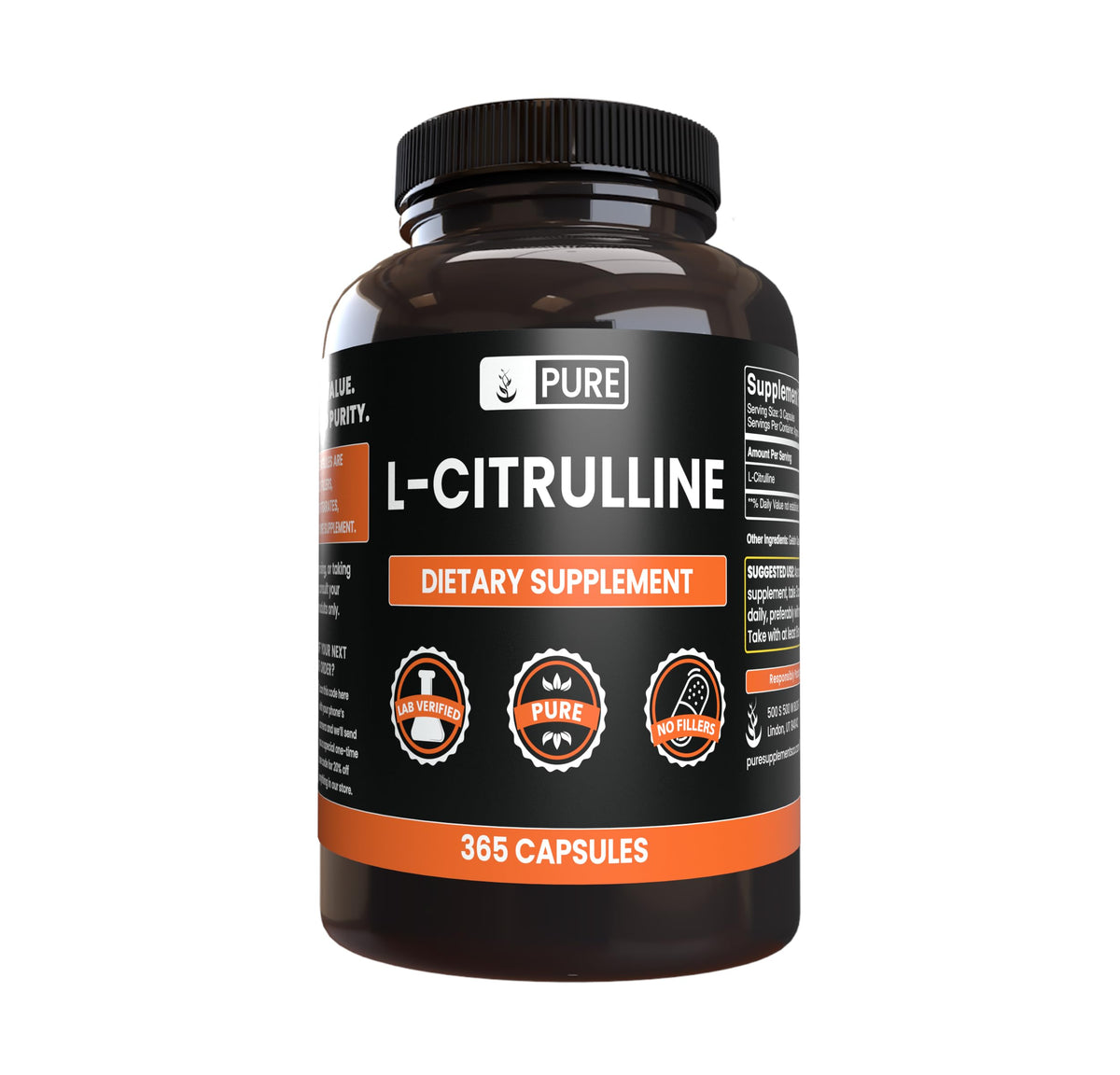 Capsules de L-Citrulline PURE ORIGINAL INGREDIENTS en flacon
