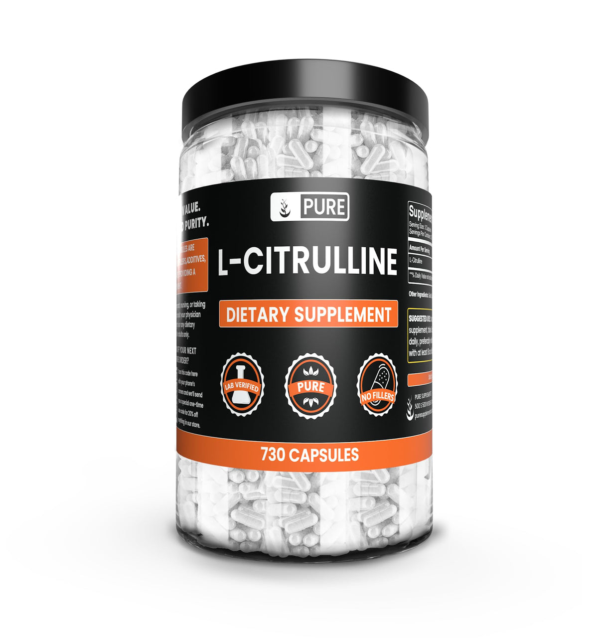 Capsules de L-Citrulline PURE ORIGINAL INGREDIENTS, vue de face