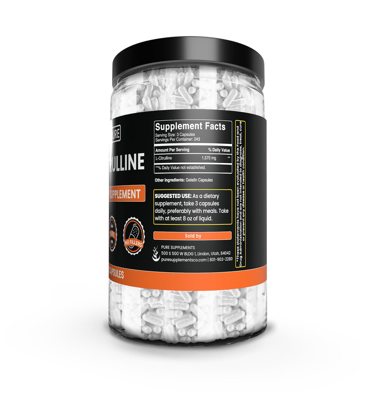 Capsules de L-Citrulline sur une table, éclairage naturel