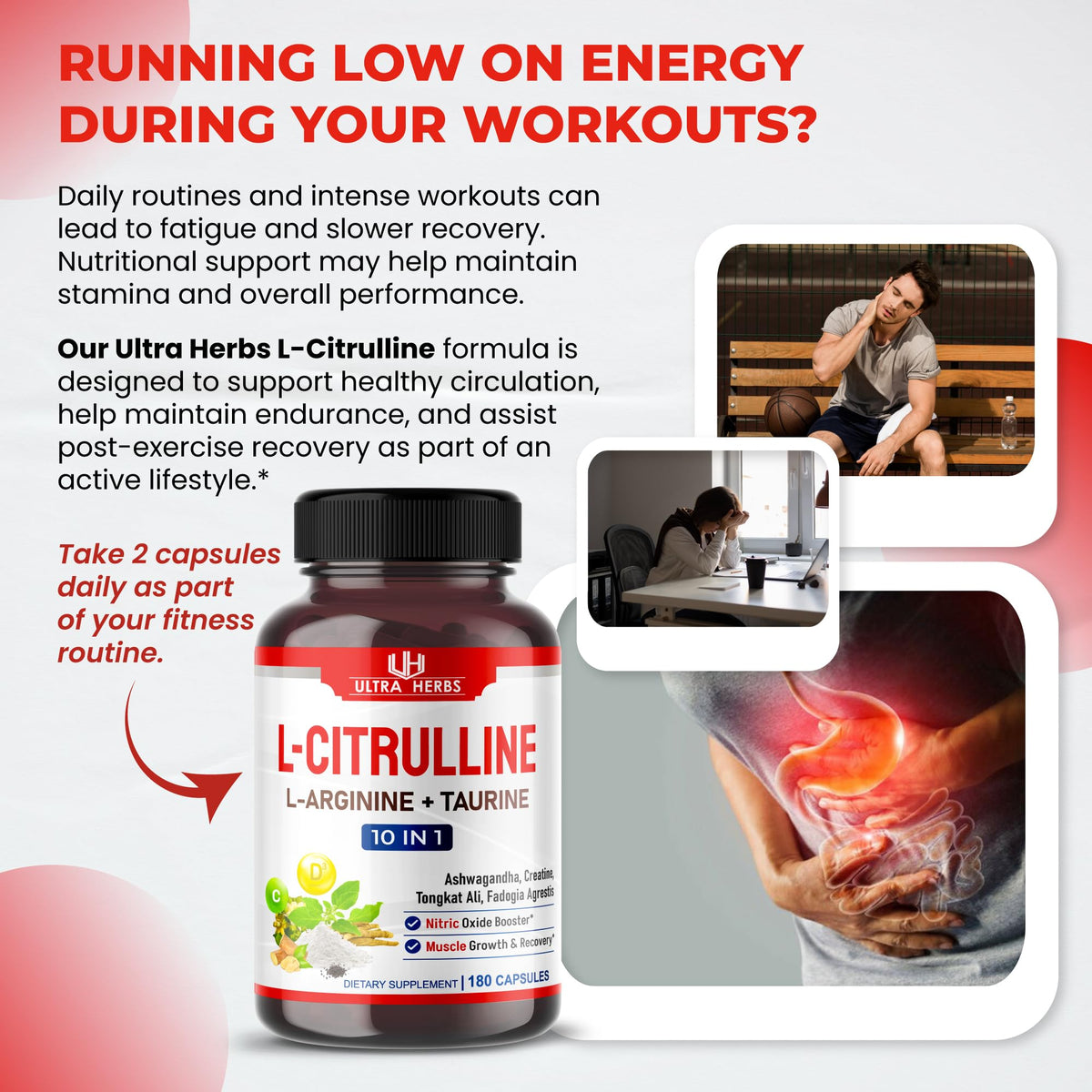 Capsules de L-Citrulline ULTRA HERBS sur une surface blanche