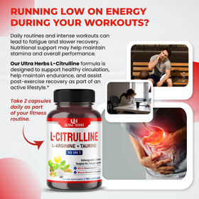 Capsules de L-Citrulline ULTRA HERBS sur une surface blanche