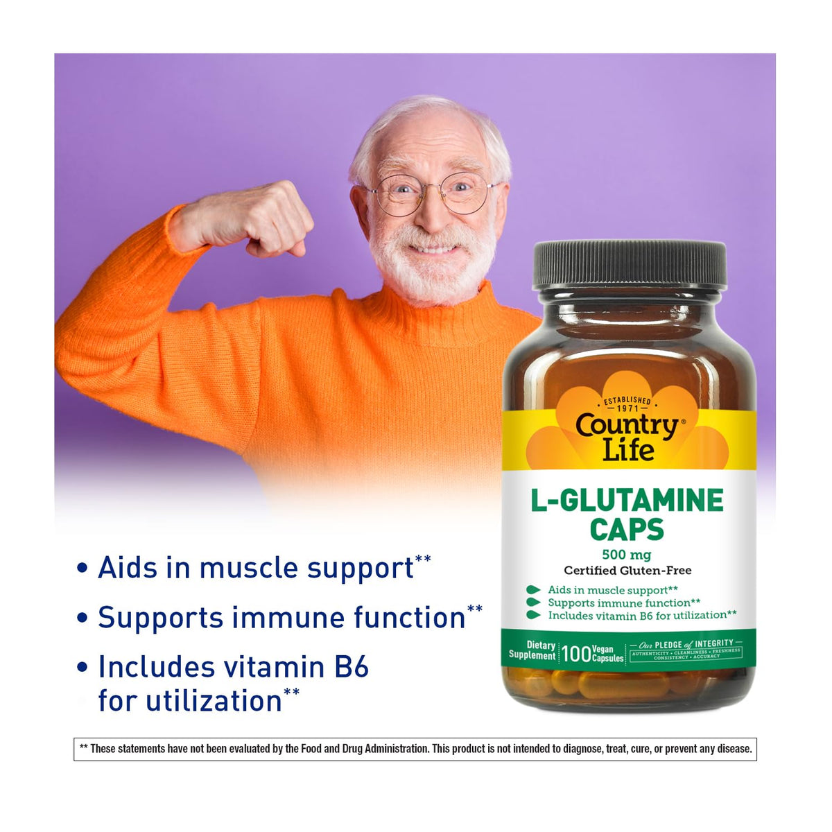 Capsules de L-Glutamine 500 mg avec B6 de Country Life sur fond blanc