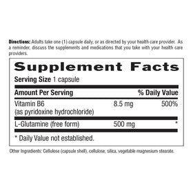 Capsules de L-Glutamine 500 mg avec B6 sur une table en bois