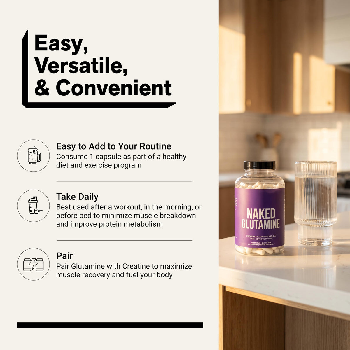 Capsules de L-Glutamine NAKED dans une main