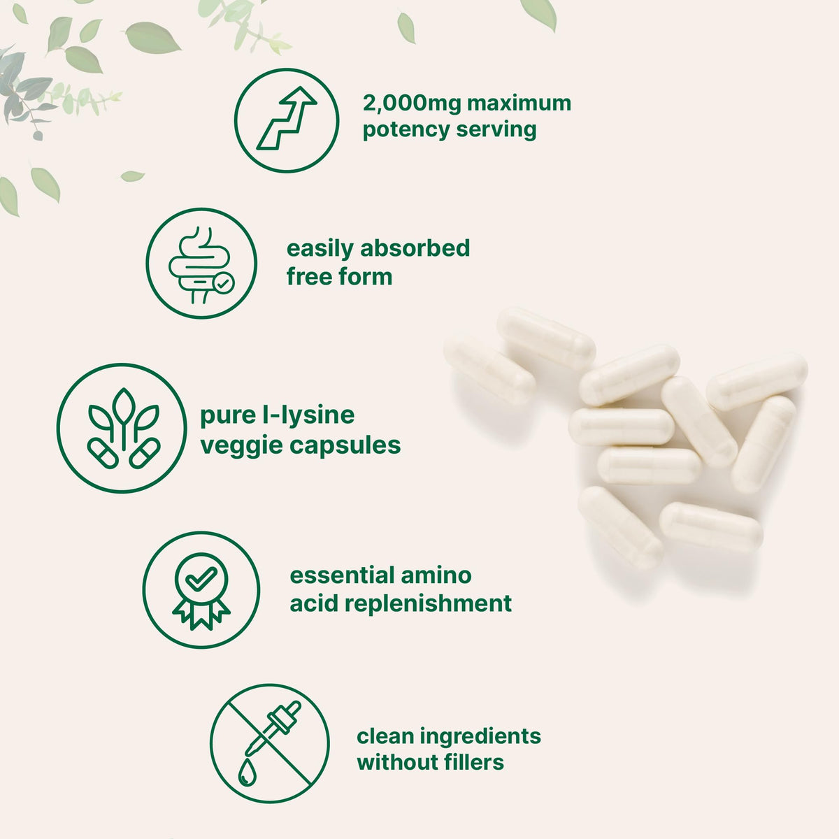 Capsules de L-Lysine Micro Ingredients sur une surface blanche