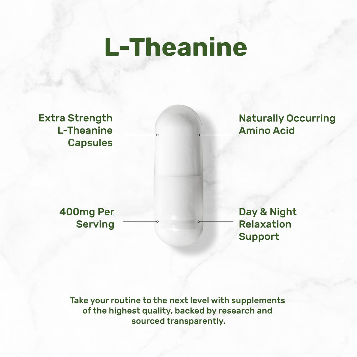 Capsules de L-Théanine 400mg sur une surface blanche