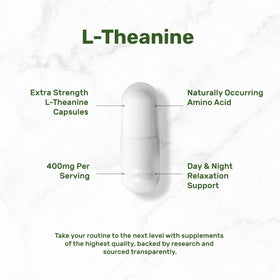 Capsules de L-Théanine 400mg sur une surface blanche