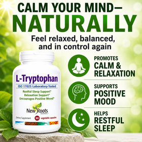 Capsules de L-Tryptophan 220mg NEW ROOTS HERBAL sur fond blanc