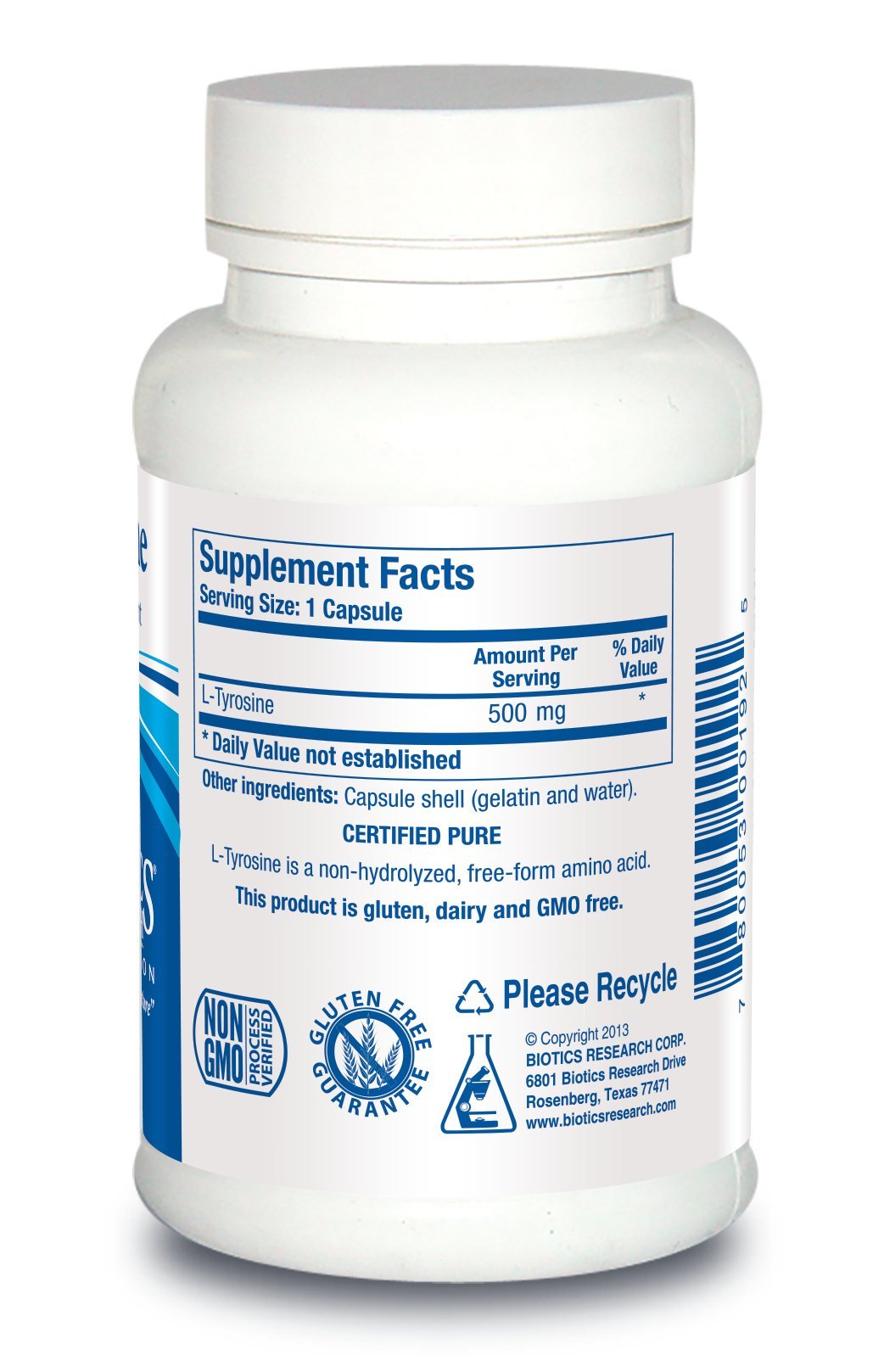 Capsules de L-Tyrosine 500mg BIOTICS RESEARCH sur fond blanc