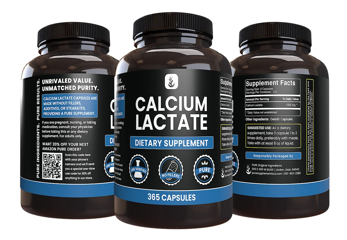 Capsules de lactate de calcium PURE ORIGINAL INGREDIENTS sur un fond neutre