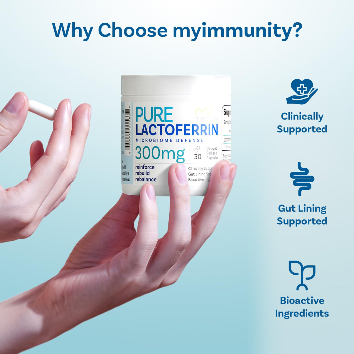 Capsules de lactoferrine MyImmunity à côté d'un verre d'eau