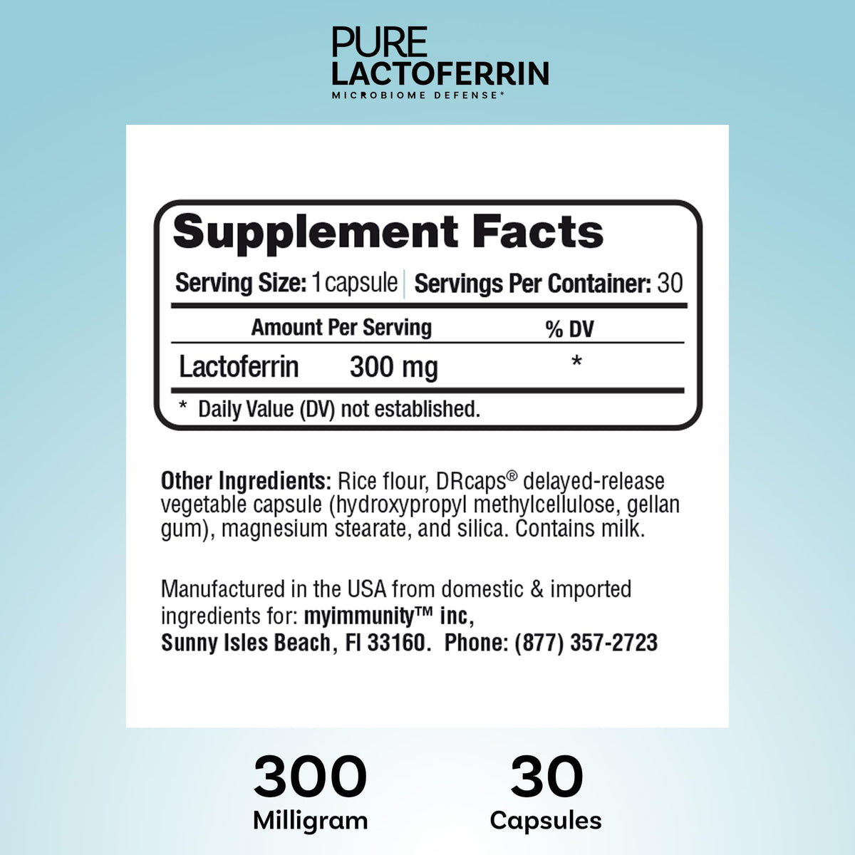 Capsules de lactoferrine MyImmunity sur un fond en bois