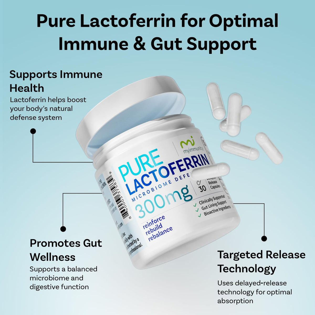 Capsules de lactoferrine MyImmunity sur une surface blanche