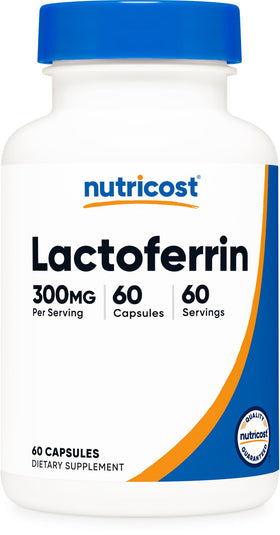 Capsules de lactoferrine Nutricost 300mg en bouteille vue de face