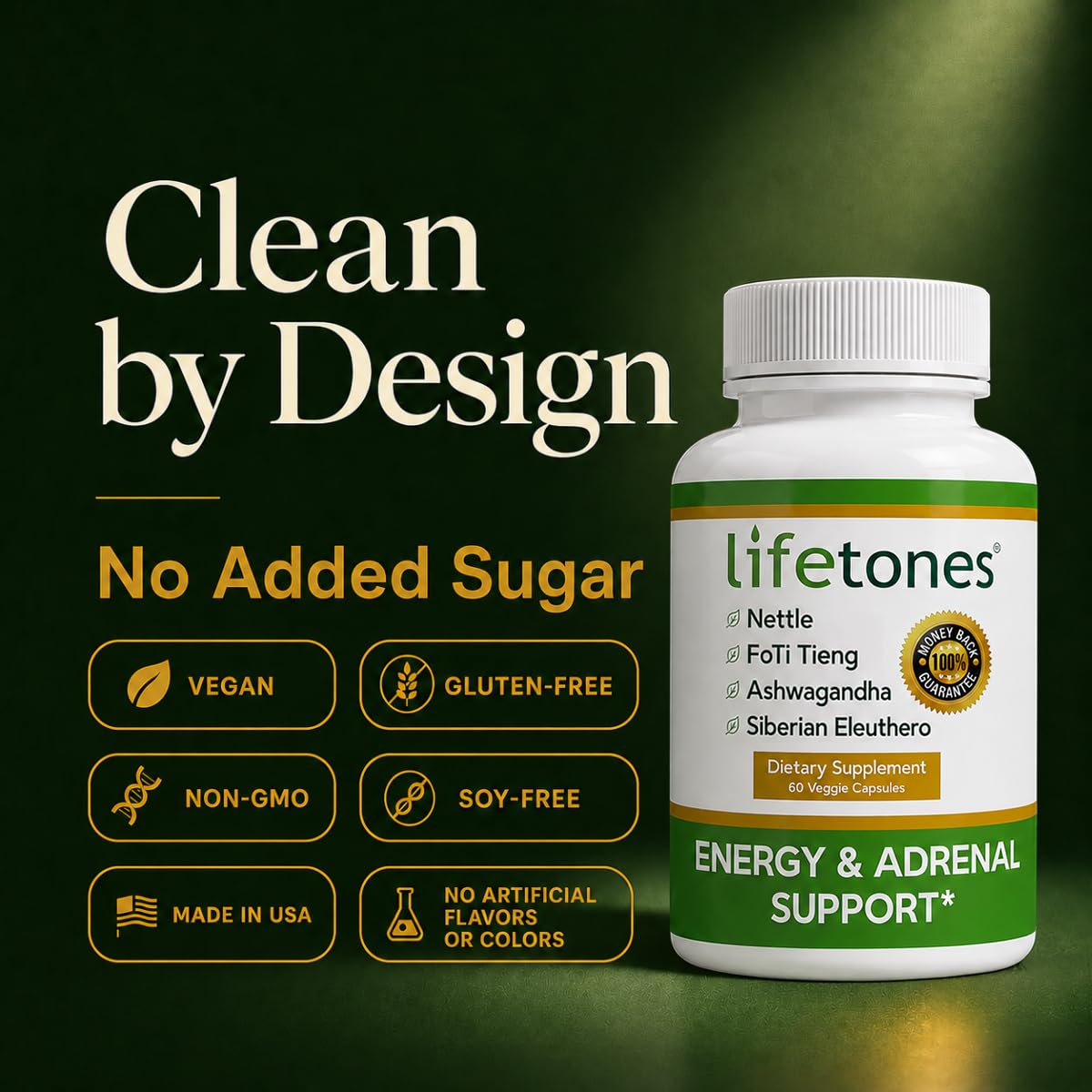 Capsules de Life Tones Énergie et Soutien Surrénalien sur une cuillère en bois