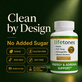Capsules de Life Tones Énergie et Soutien Surrénalien sur une cuillère en bois