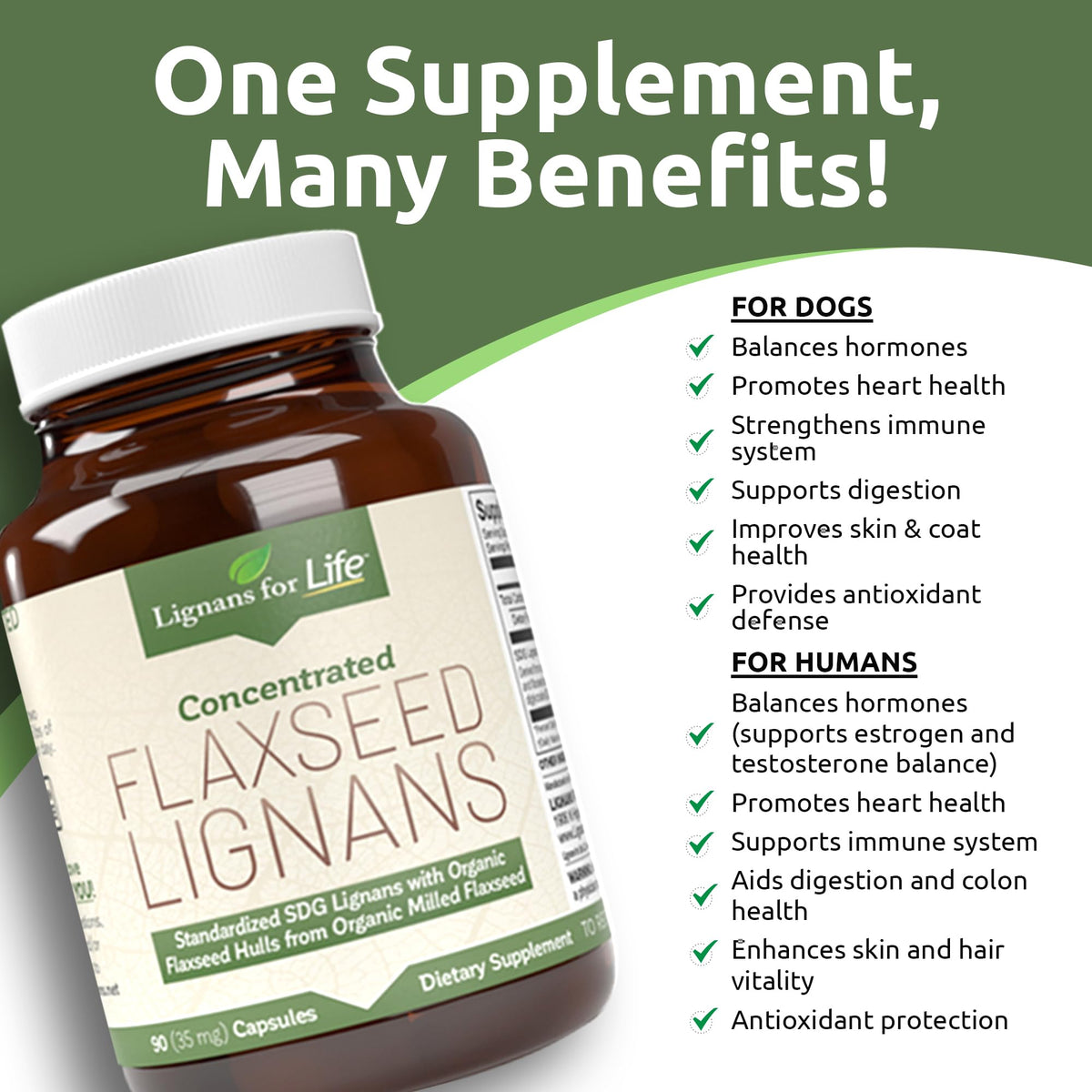 Capsules de lignanes de lin Lignans For Life sur fond blanc